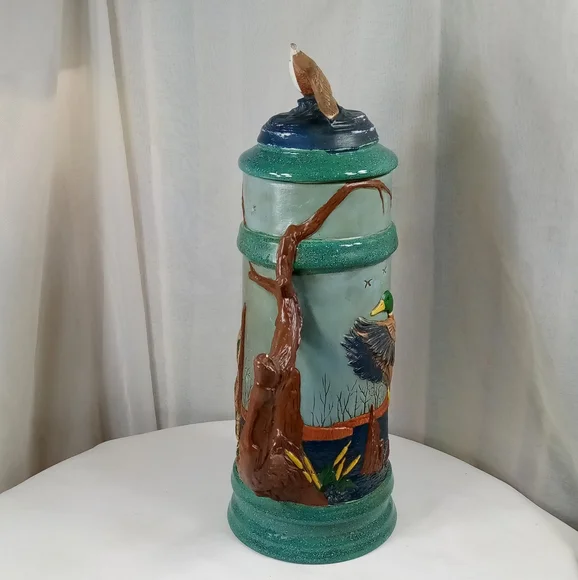 Hand Painted Mallard Duck Wildlife Scene Ceramic Stein Tankard With Lid